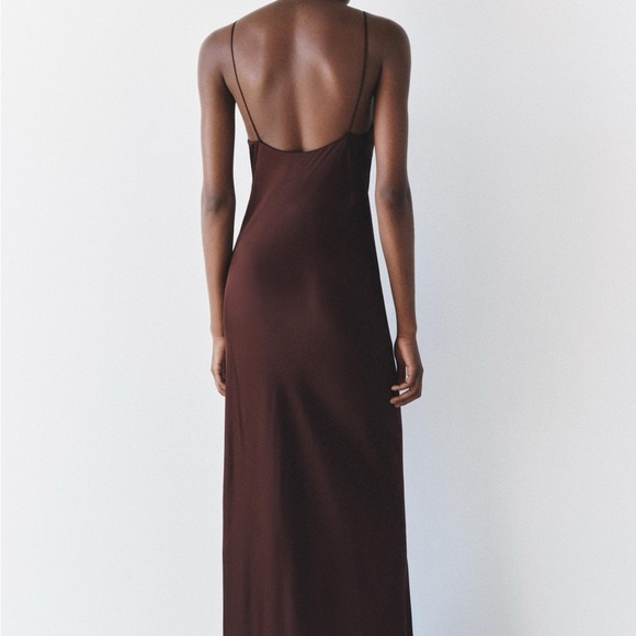 Zara viral chocolate brown maxi slip dress with lace neckline - size Large (L) - Picture 3 of 10